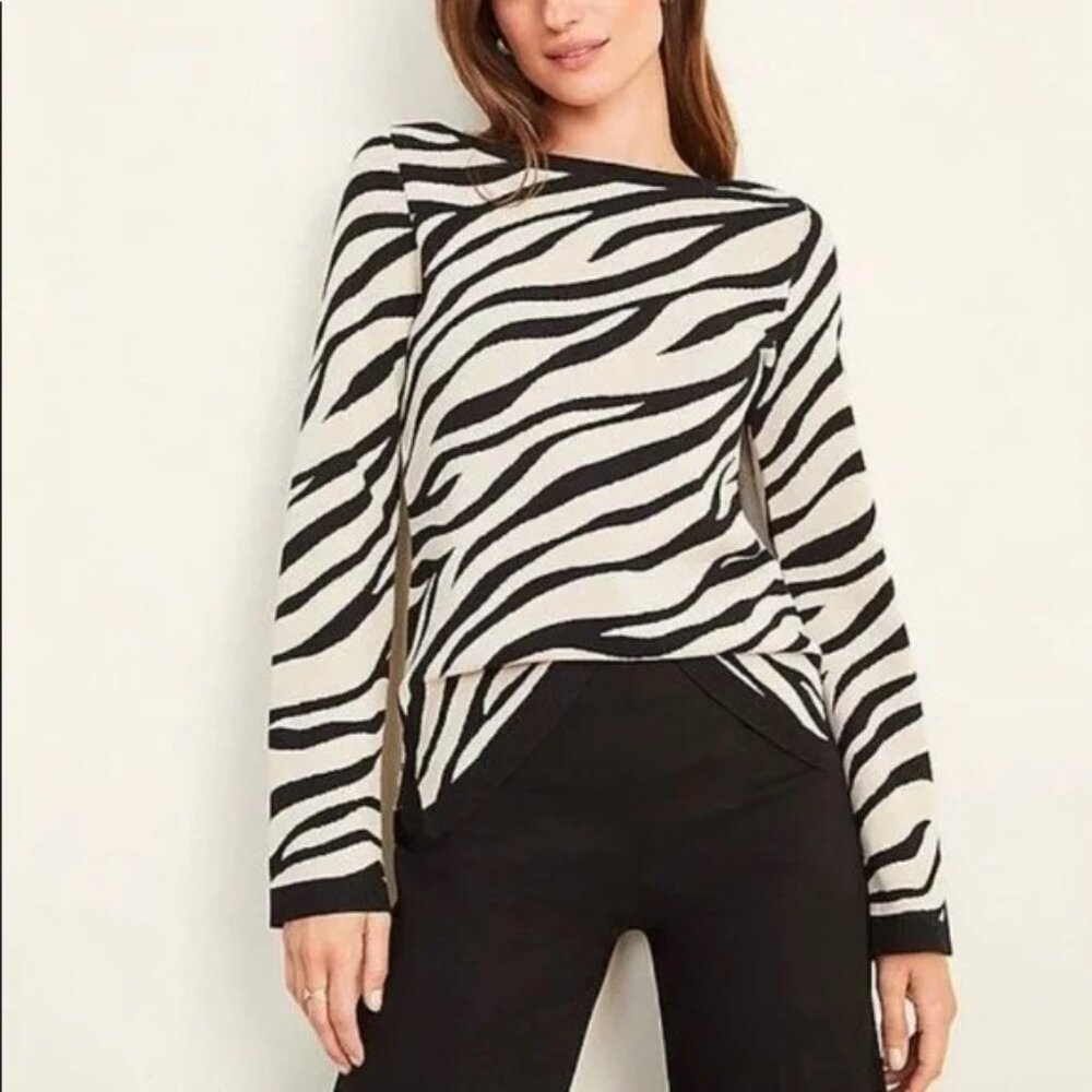 Ann Taylor Zebra Print Sweater‎ XSP Seasonless Yarn Boat Neck Tan Black